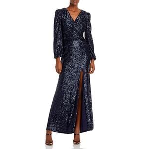 AQUA Sequined Long Sleeve V-Neck Sparkly Evening Gown Navy Blue Size 4 Dress